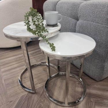 Cato Nest of 2 Tall Silver End Tables with Polar White Sintered Stone Top for Elegant Living Spaces - UK Luxury Furniture